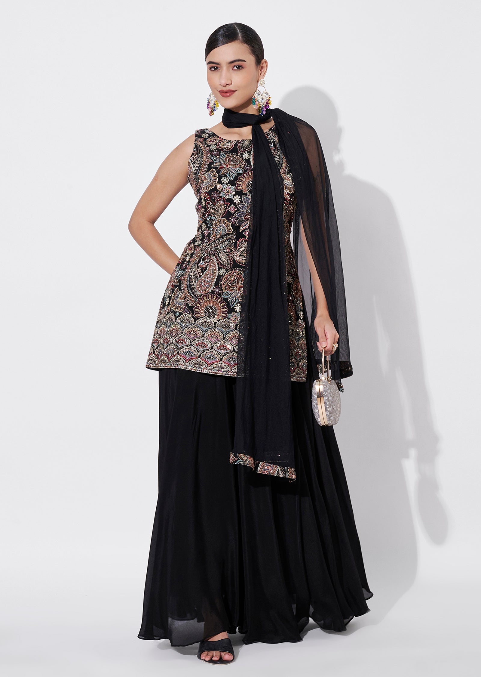 Black Silk Sharara Set
