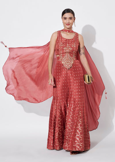 Rust Silk Indowestern set