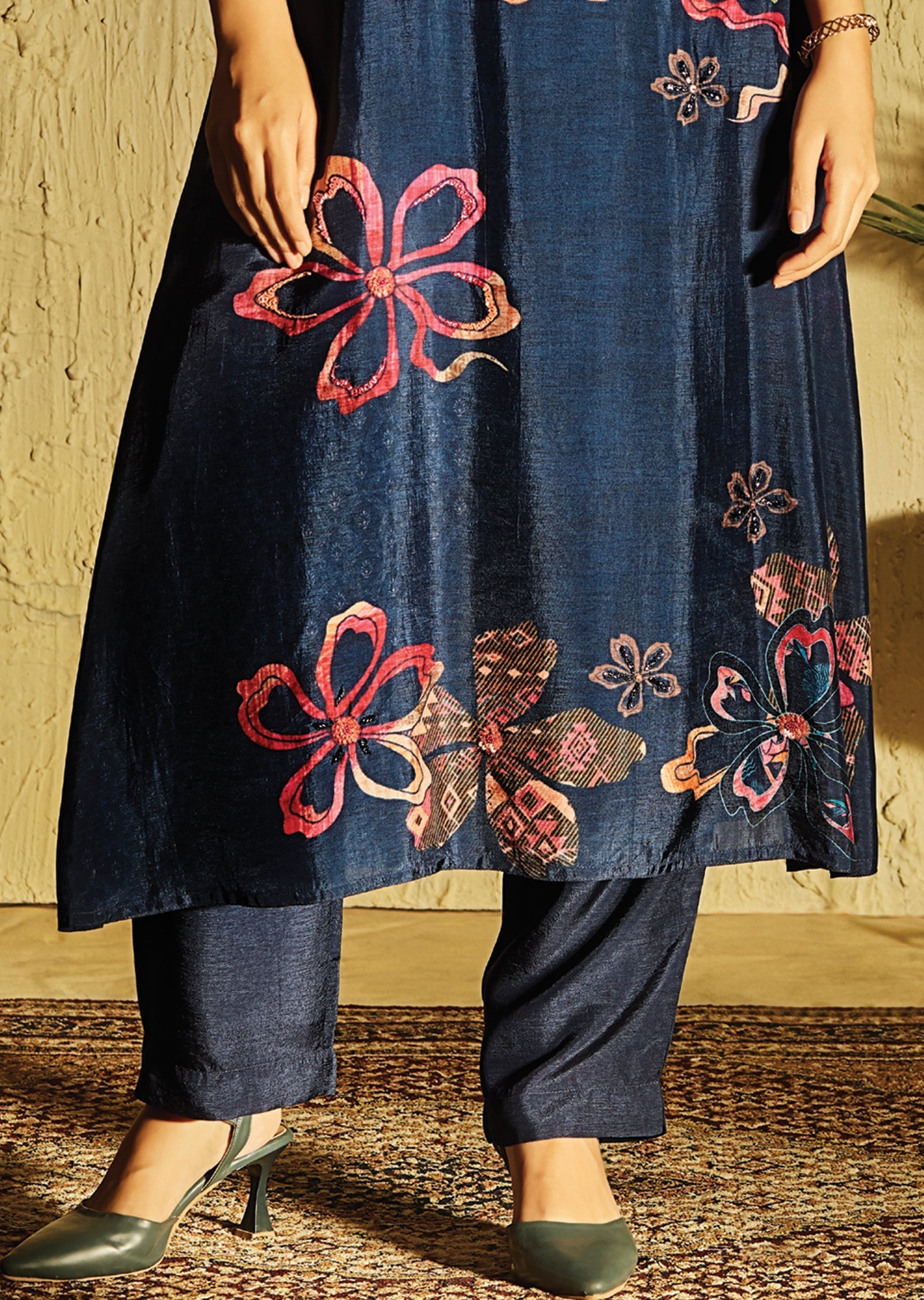 Navy Blue Dola Silk Kurti Set