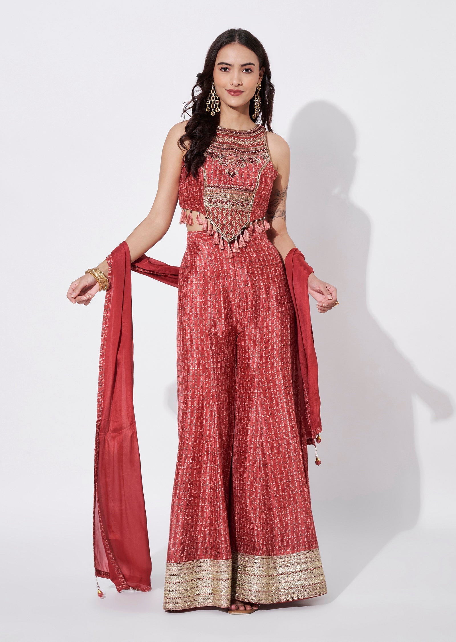 Maroon Chinnon Indowestern set