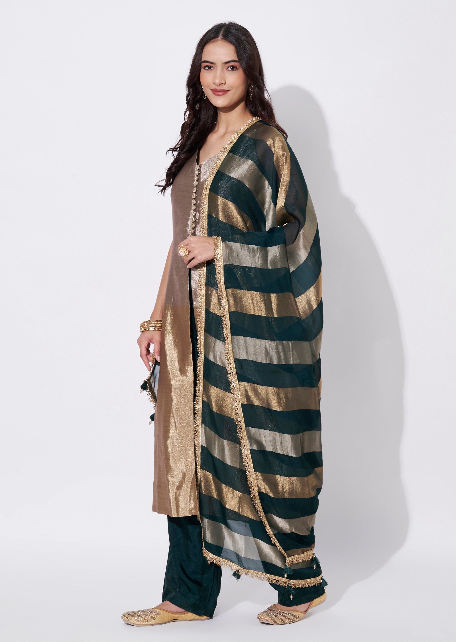 Bottle Green Tissue Anarkali Suit