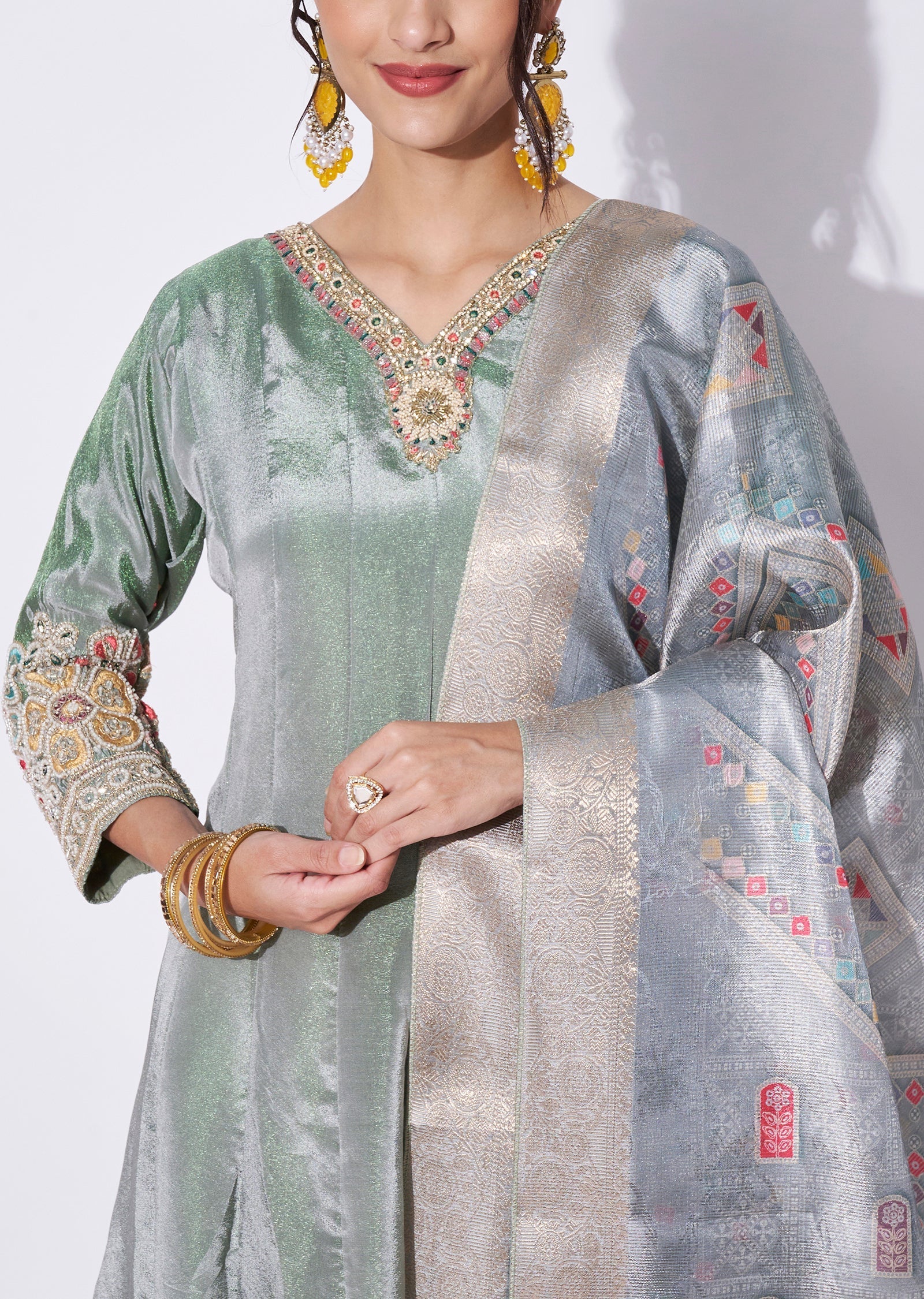 Dusty Green Silk Anarkali Suit