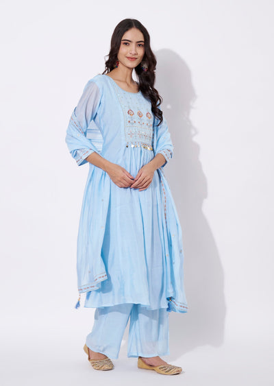 Sky blue Mul Chanderi Anarkali Suit