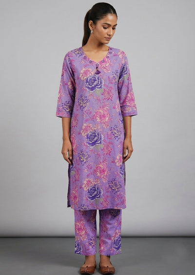 Light Purple Printed Cotton Kurti Set