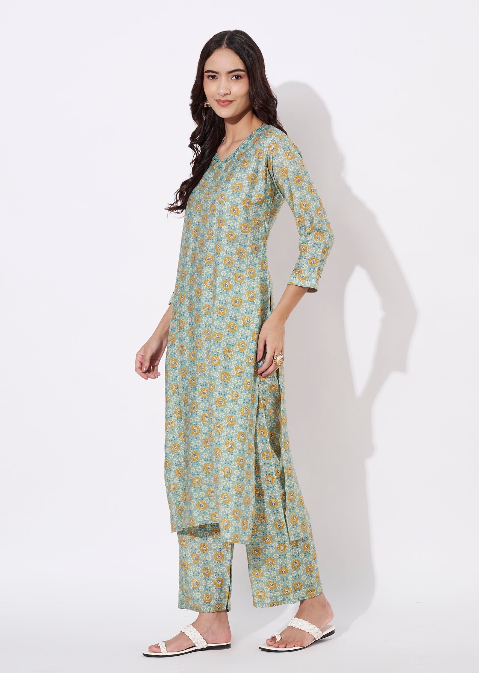 Dusty Green Linen Silk Kurti Set