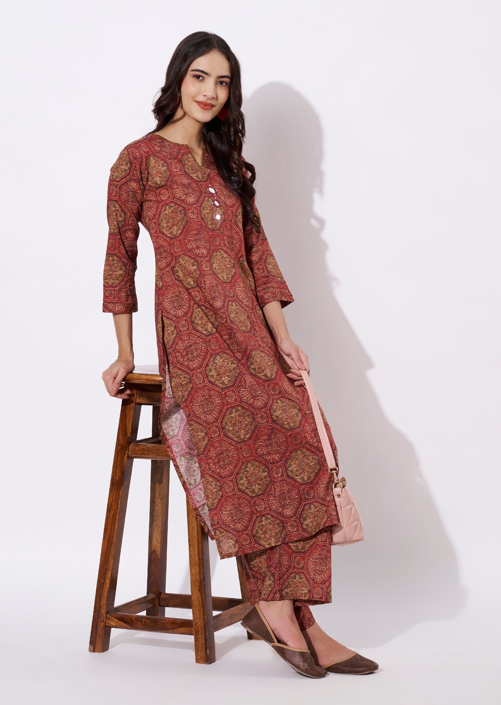Brwon & Magenta Linen Silk Kurti Set