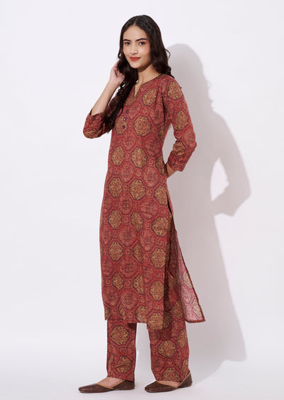 Brwon & Magenta Linen Silk Kurti Set