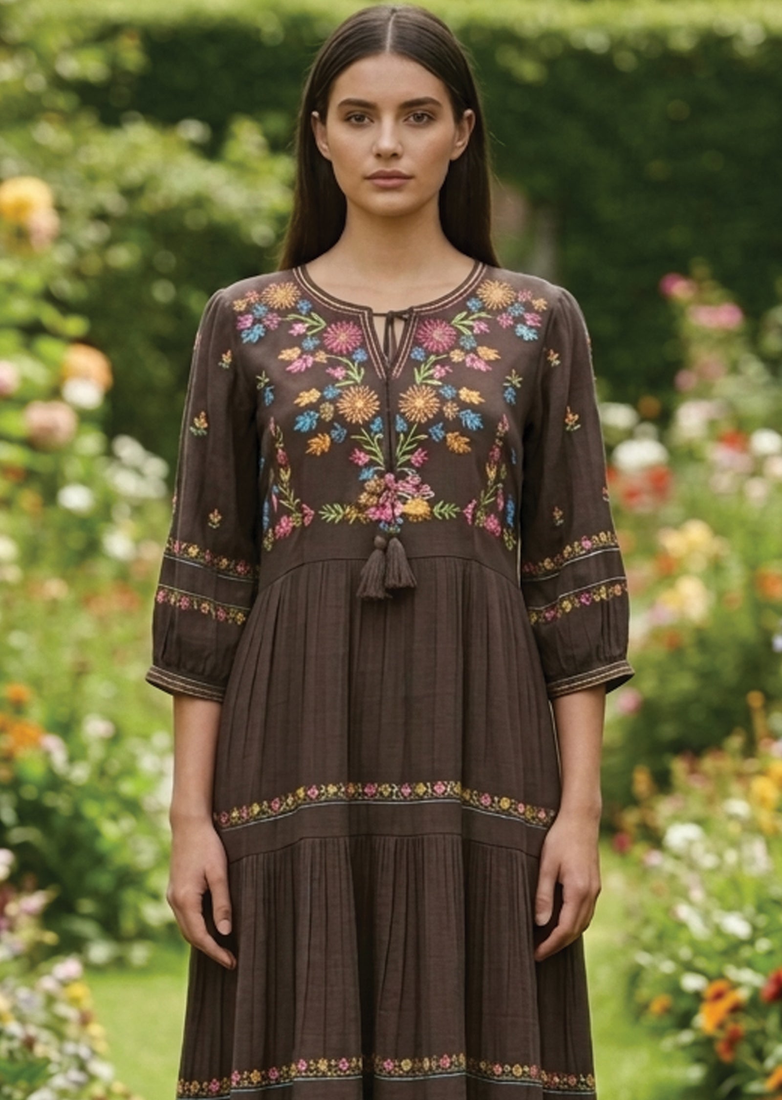 Brown Linen Georgette Frock Kurti