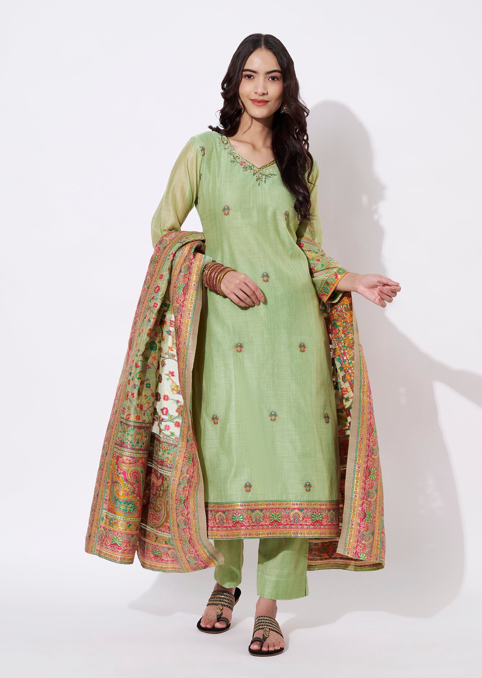 Parrot Green Chanderi Straight cut suit