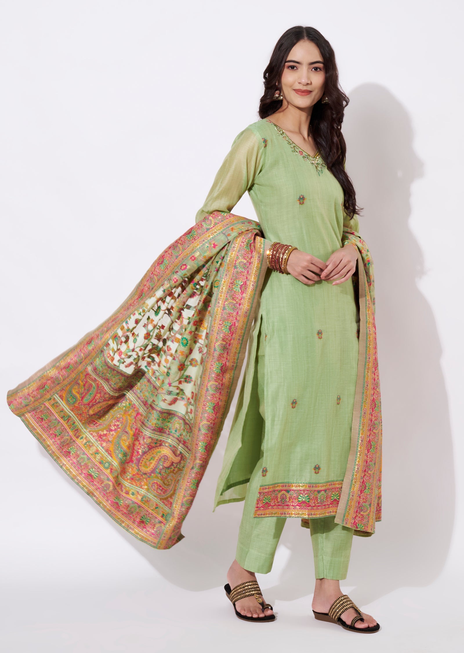 Parrot Green Chanderi Straight cut suit