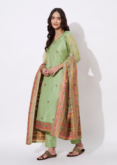 Parrot Green Chanderi Straight cut suit