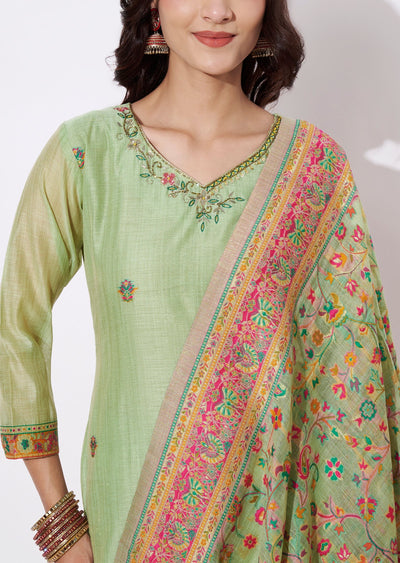 Parrot Green Chanderi Straight cut suit
