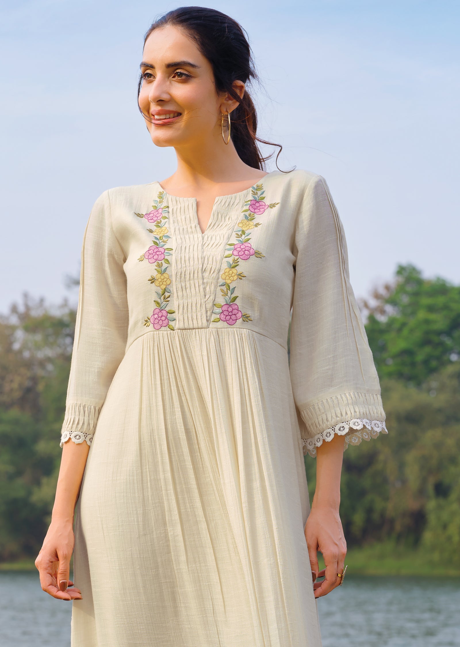 Biege Linen Georgette Frock Kurti