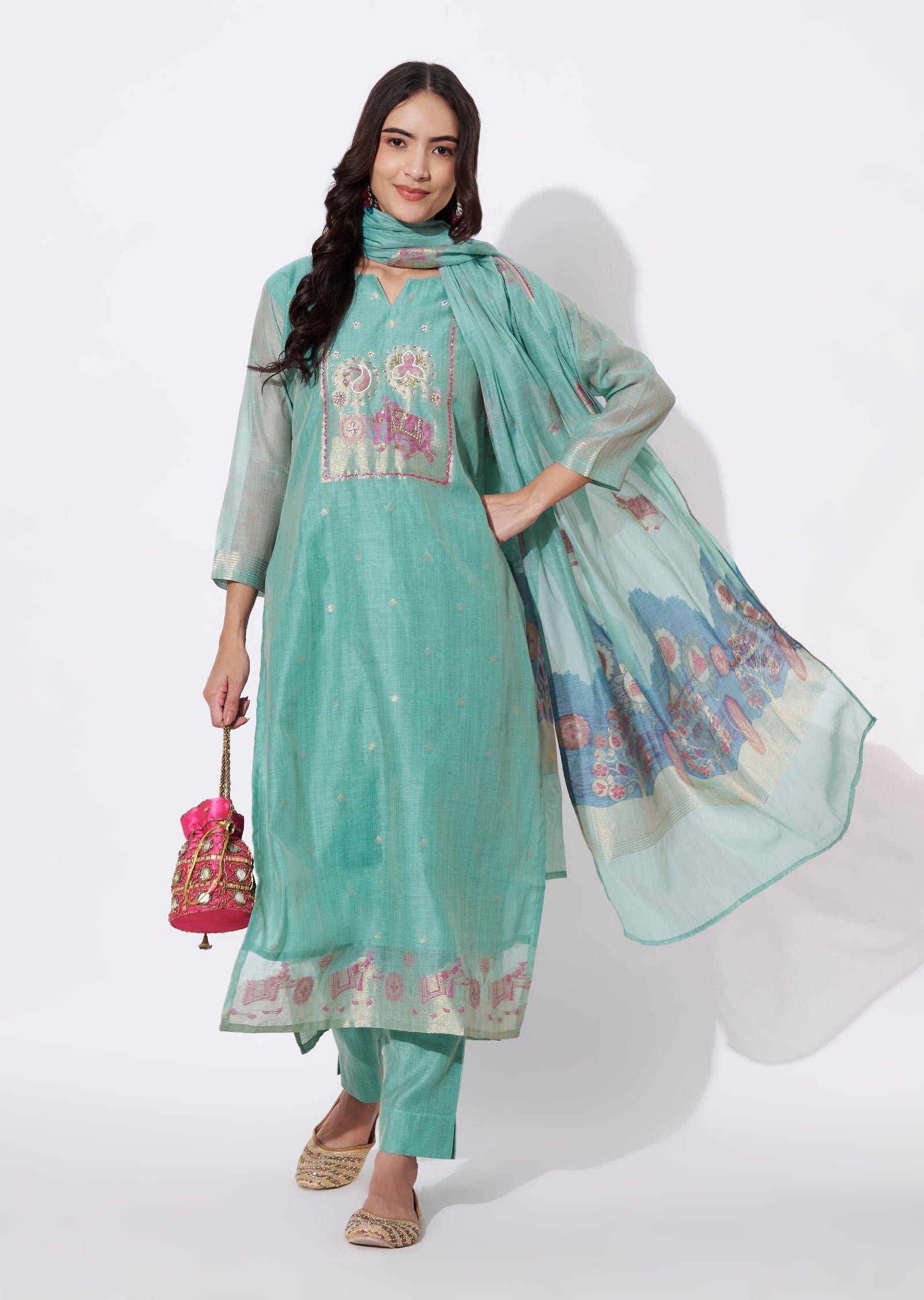 Dusty Green Chanderi Straight cut suit