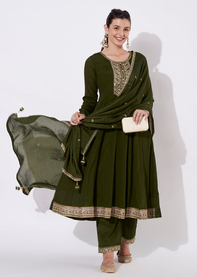 Olive green Chinnon Anarkali Suit