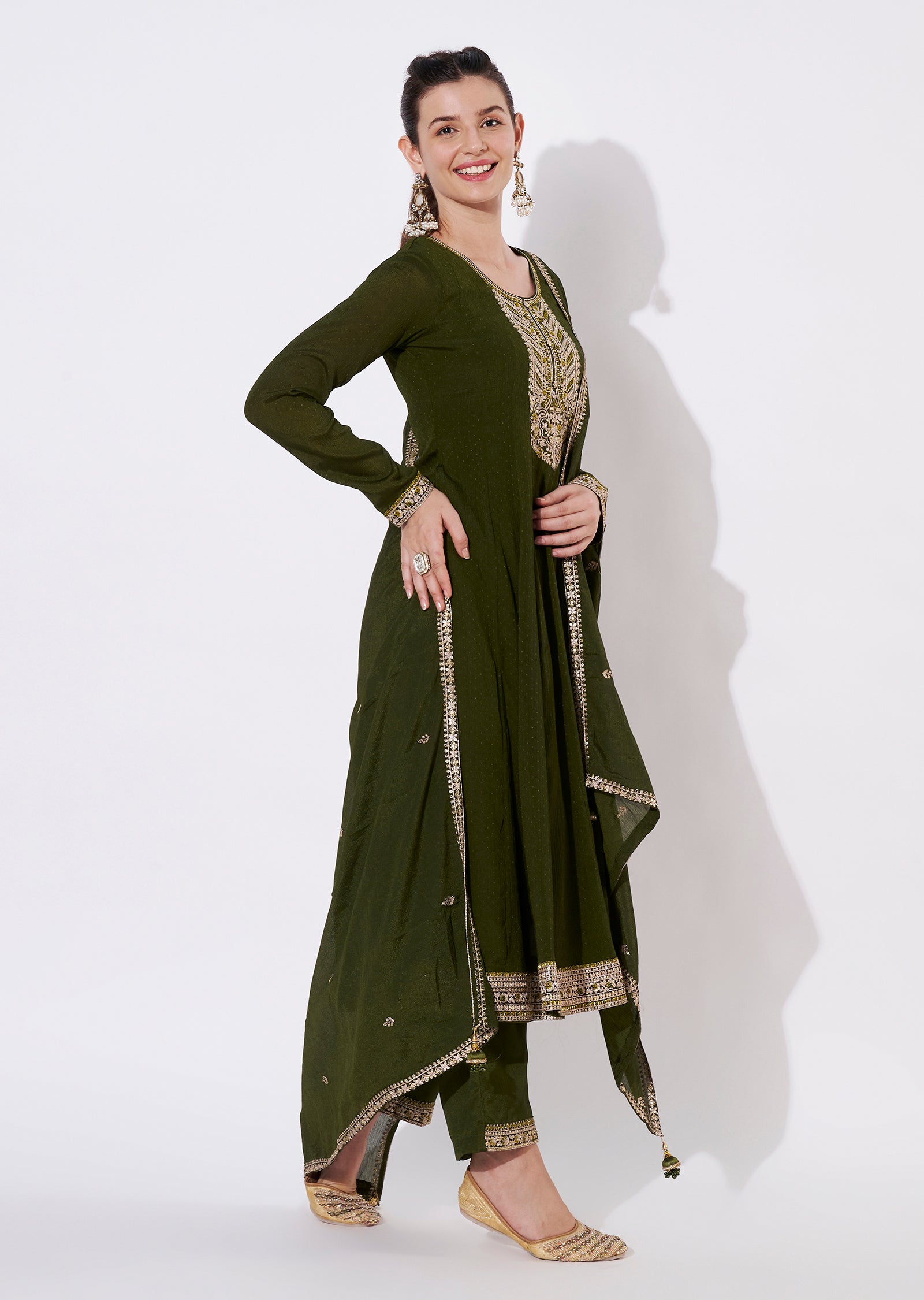 Olive green Chinnon Anarkali Suit
