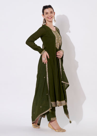 Olive green Chinnon Anarkali Suit