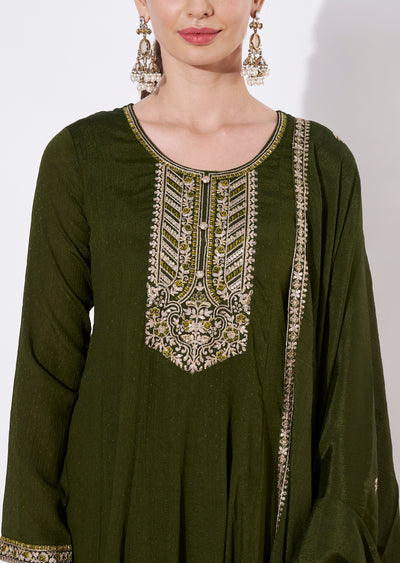 Olive green Chinnon Anarkali Suit