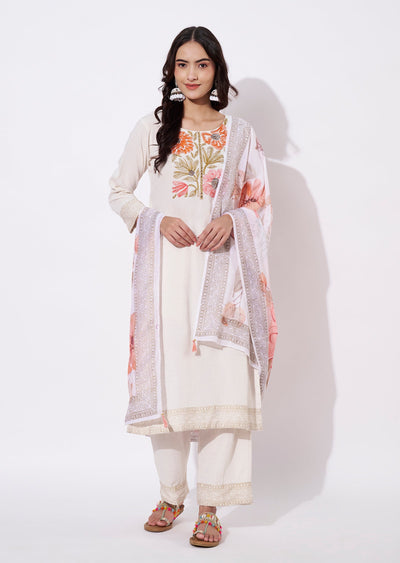 Off White Cotton Straight cut suit