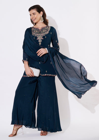 Teal Blue Chinnon Sharara Set