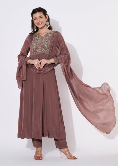 Brown Chinnon Anarkali Suit
