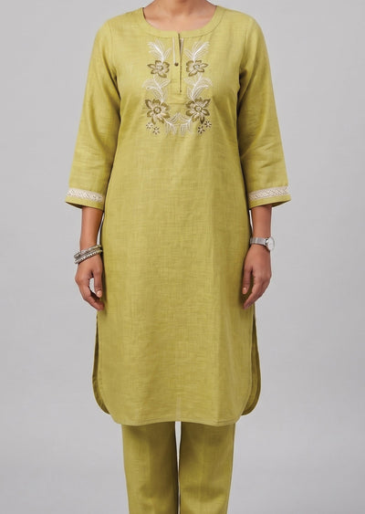 Lime Green Linen Cotton Kurti Set