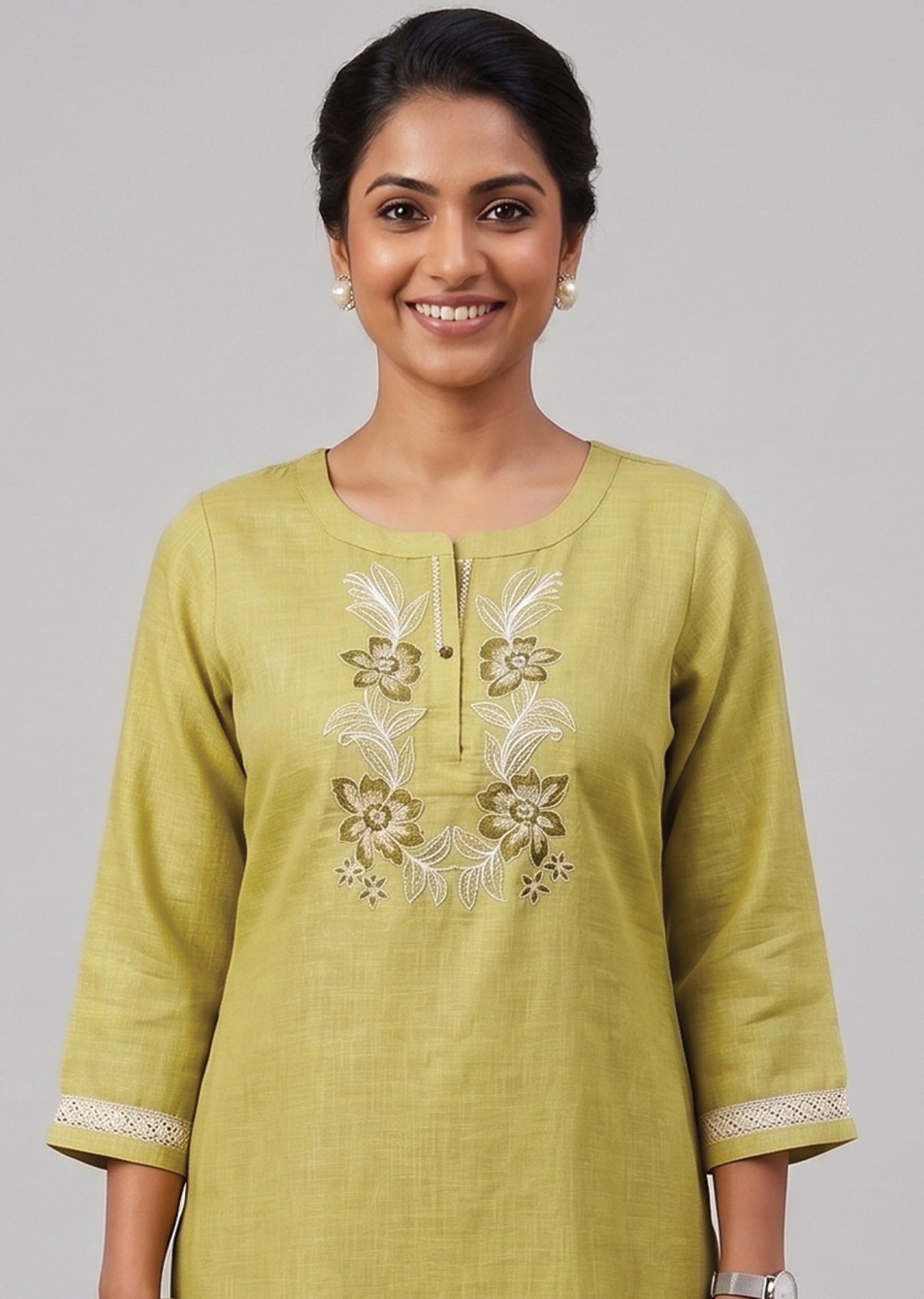 Lime Green Linen Cotton Kurti Set