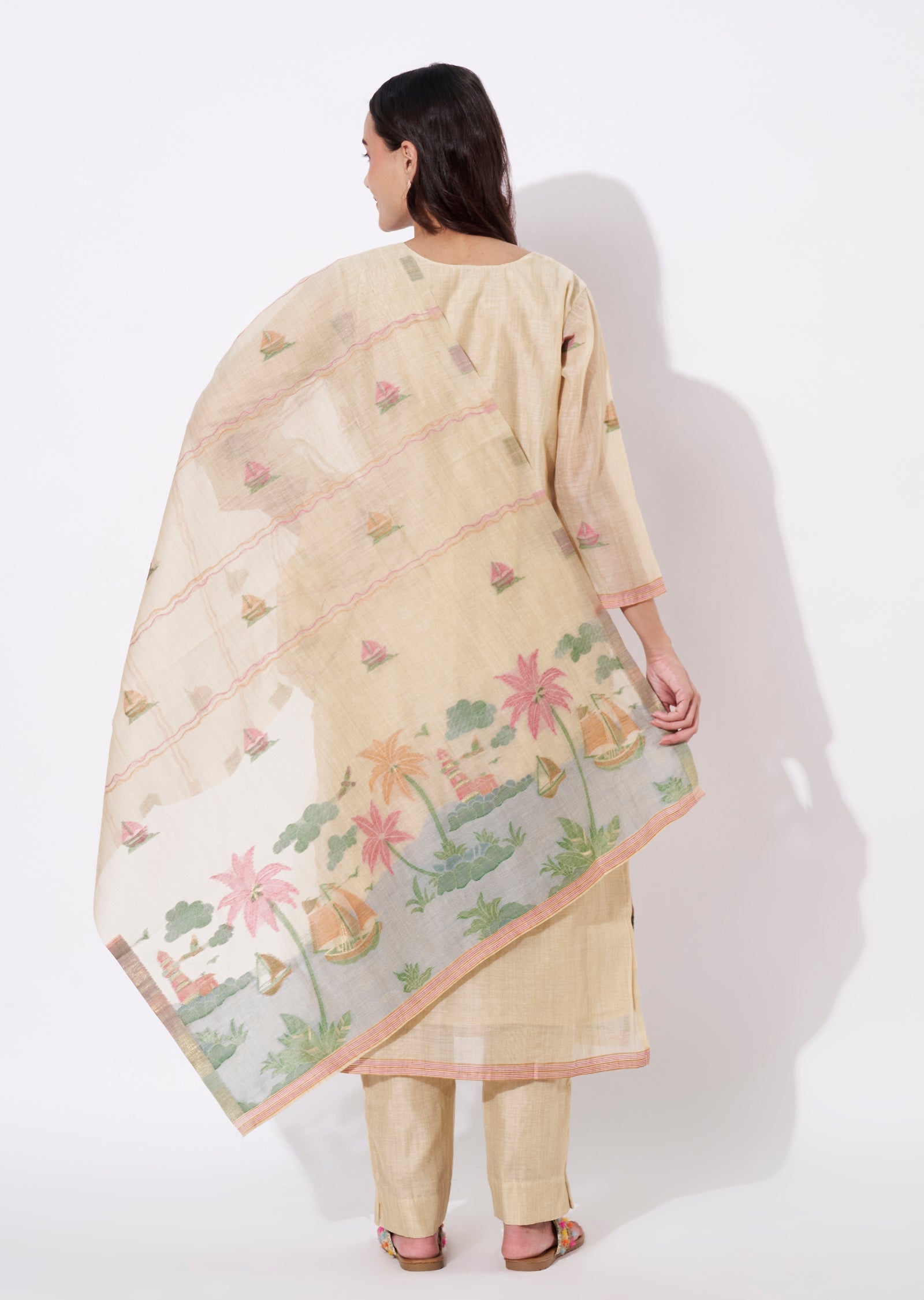 Dart Beige Chanderi Straight cut suit