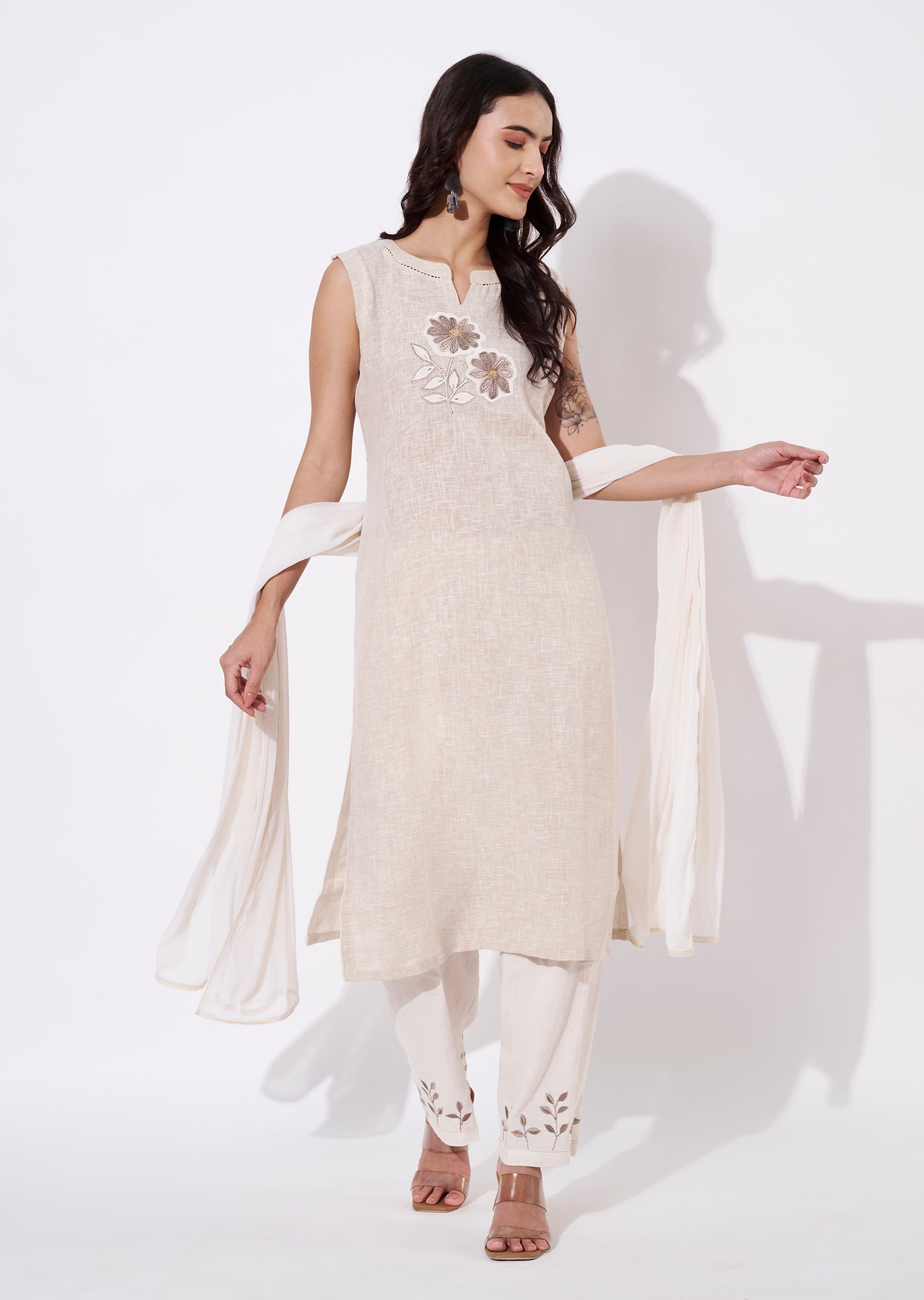 Beige Cotton Straight cut suit