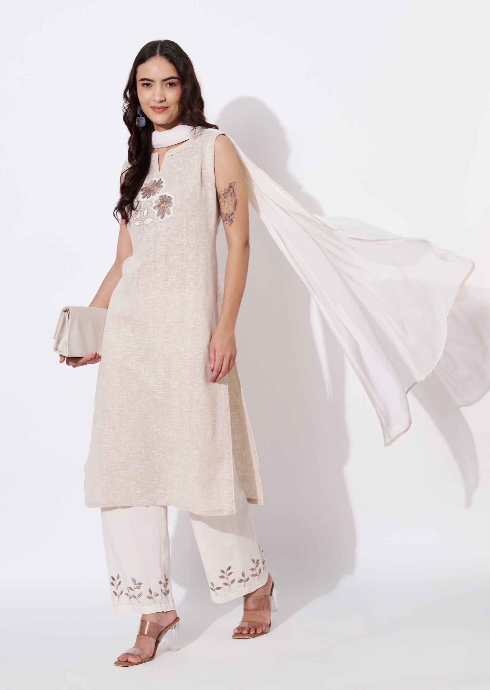 Beige Cotton Straight cut suit