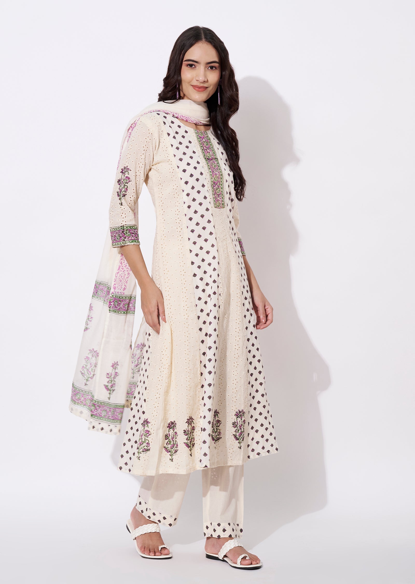 Cream Cotton Anarkali Suit