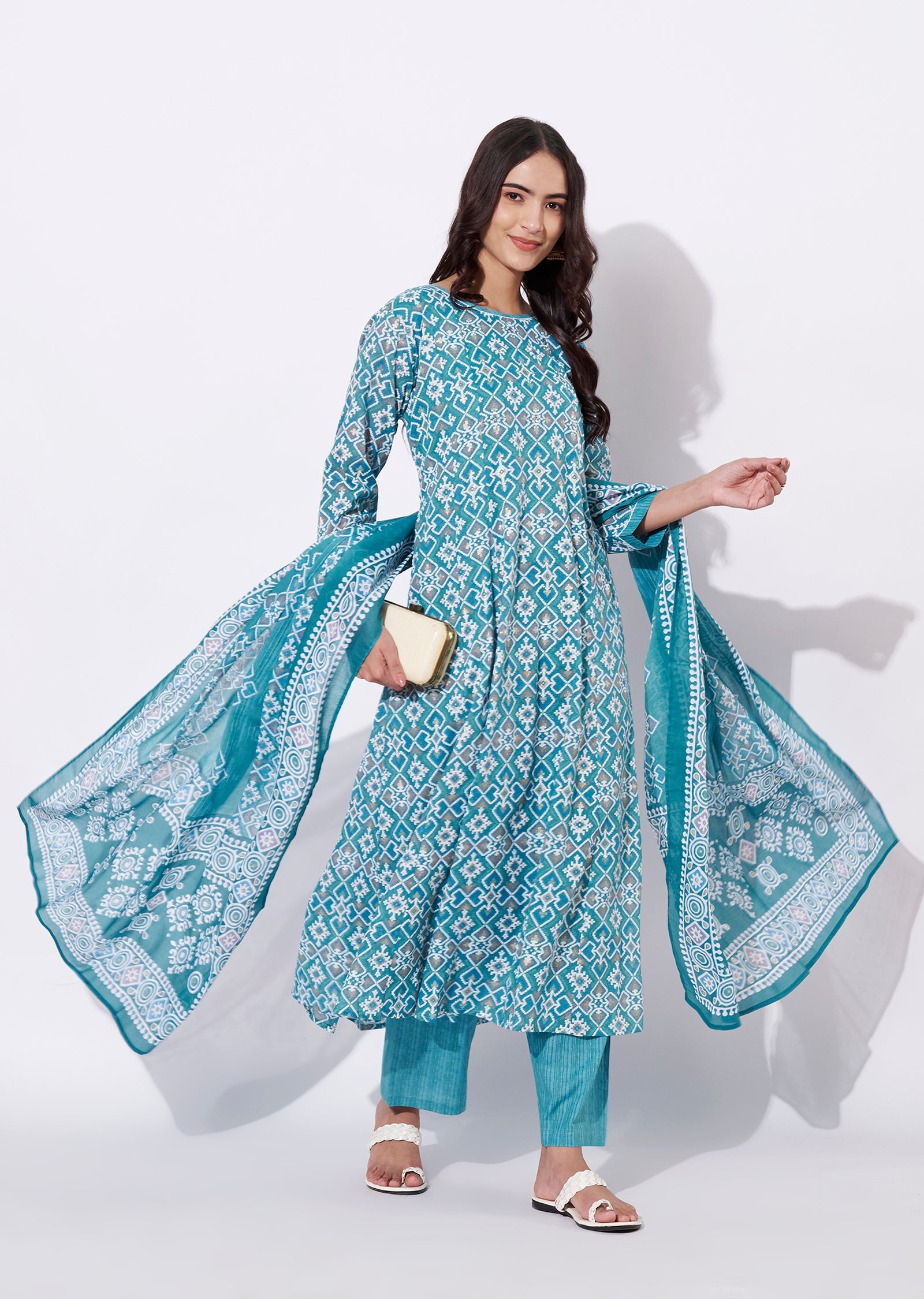 Dusty Blue Cotton Anarkali Suit