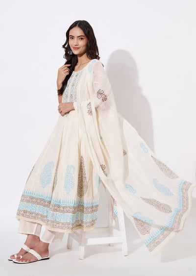 Off White Cotton Anarkali Suit