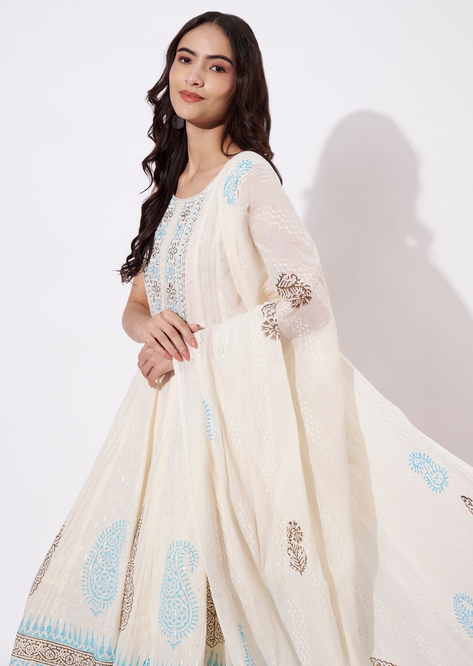 Off White Cotton Anarkali Suit