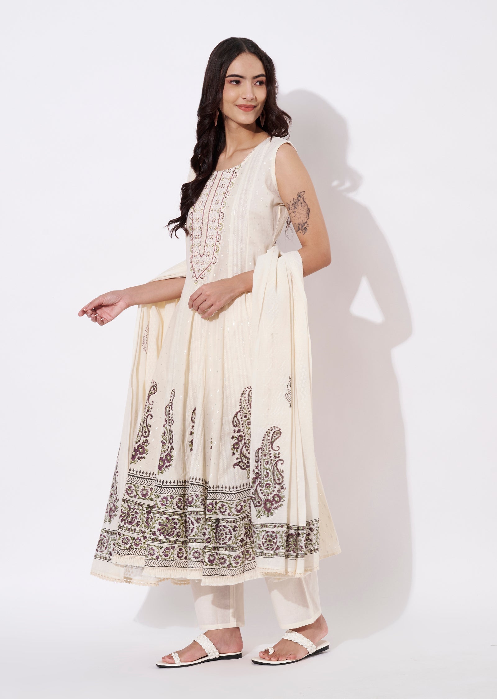 Off White Cotton Anarkali Suit