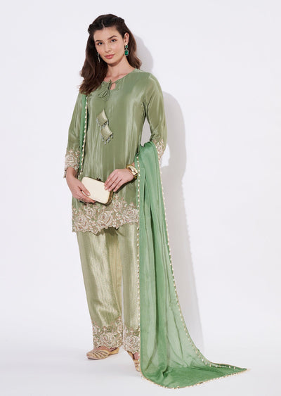 Dusty Green Silk Straight cut Suit