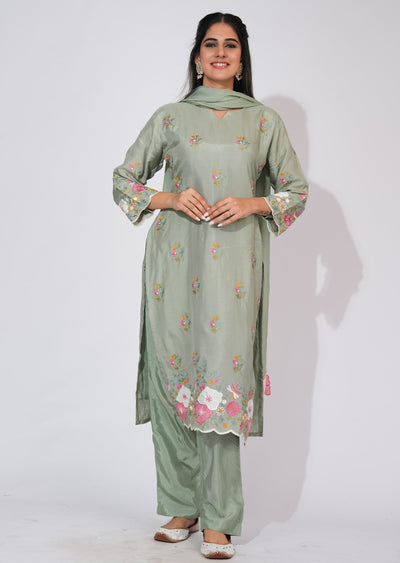 Light Green Silk Straight cut suit