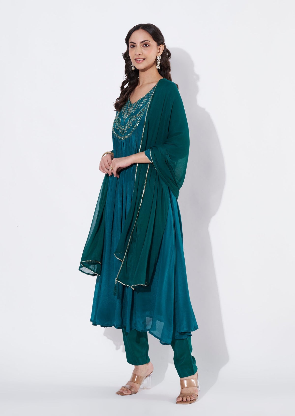 Green Chinnon Anarkali suit