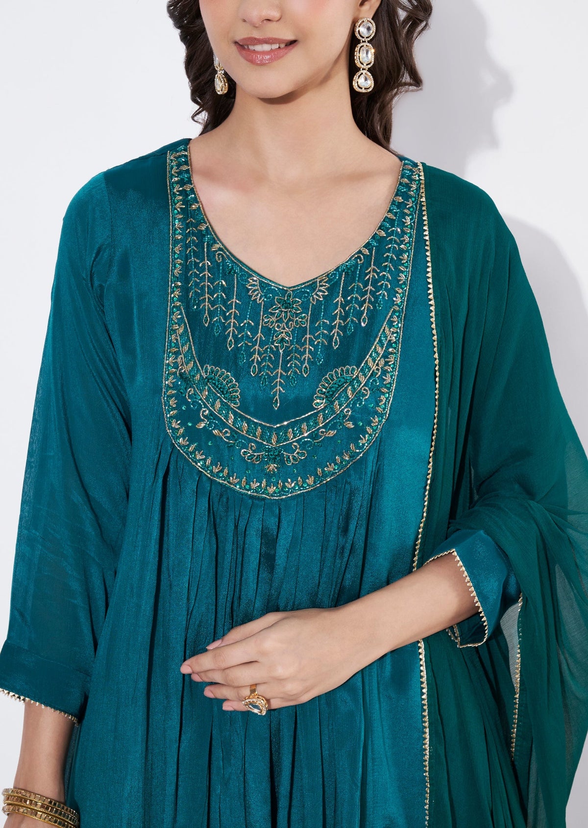 Green Chinnon Anarkali suit