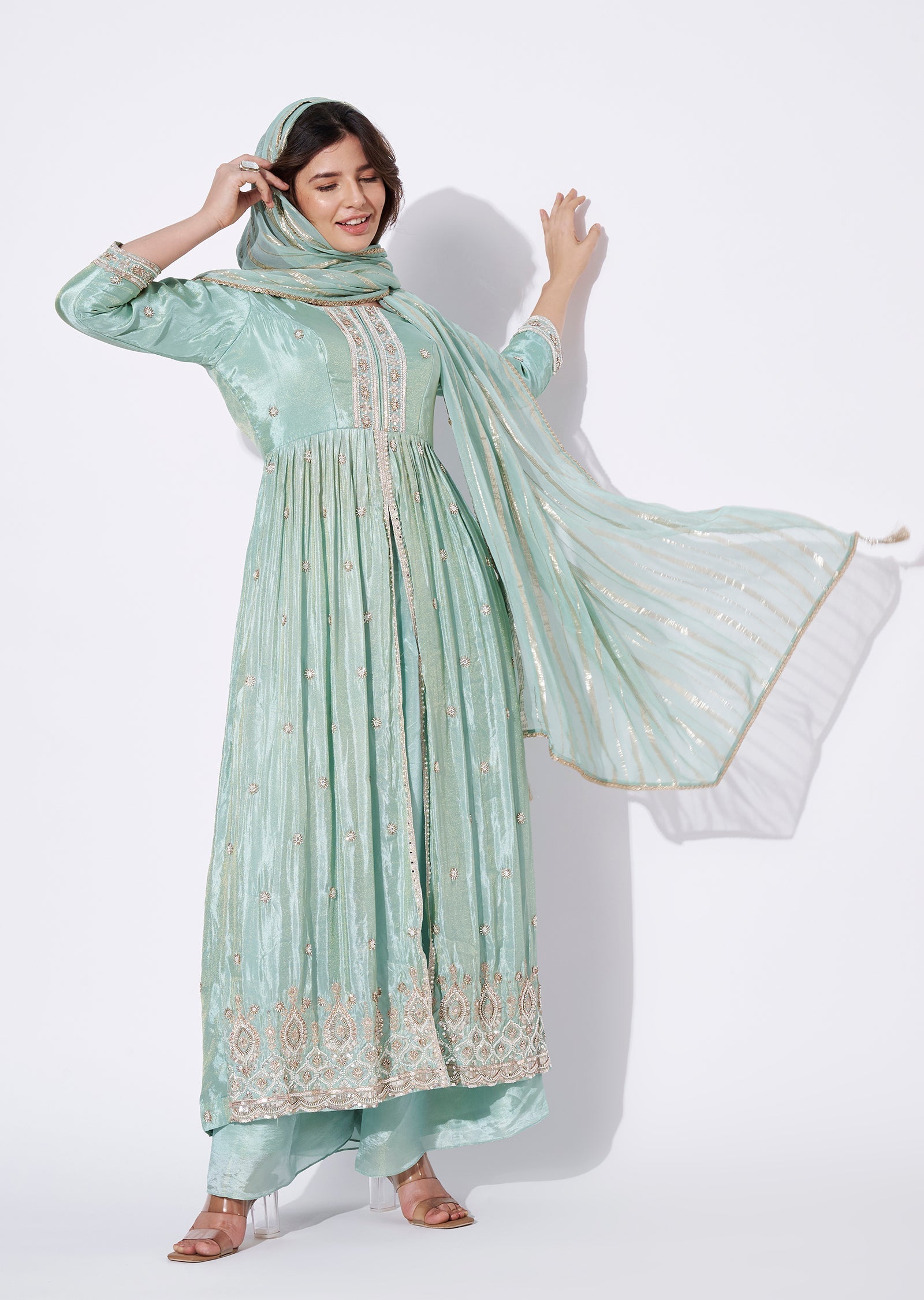 Sea Green Tissue Anarkali Suit