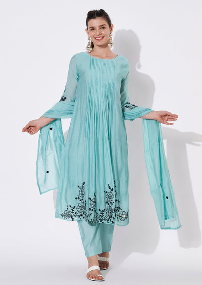 Dusty Blue Silk Anarkali Suit