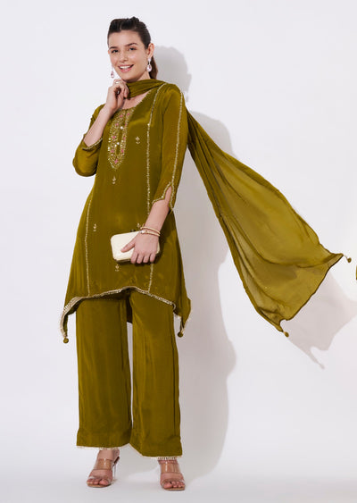 Mehndi Green Chinnon Anarkali Suit