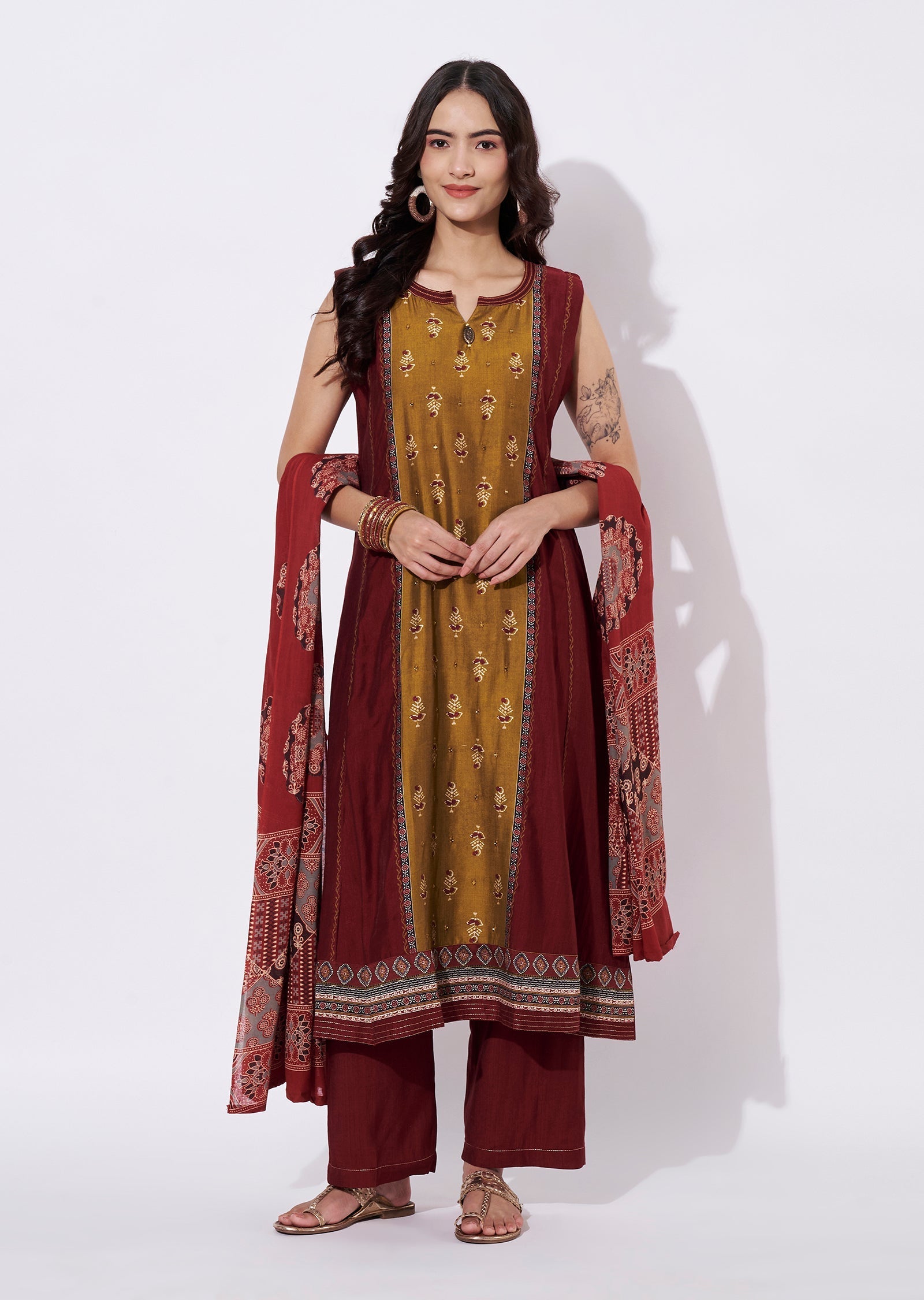 Maroon Gold Kurti Set