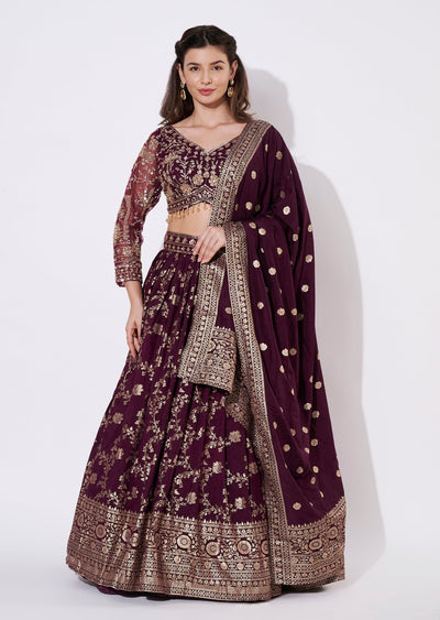Wine Banaras Silk Lehenga Set