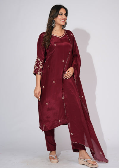 Maroon Silk Straight cut suit