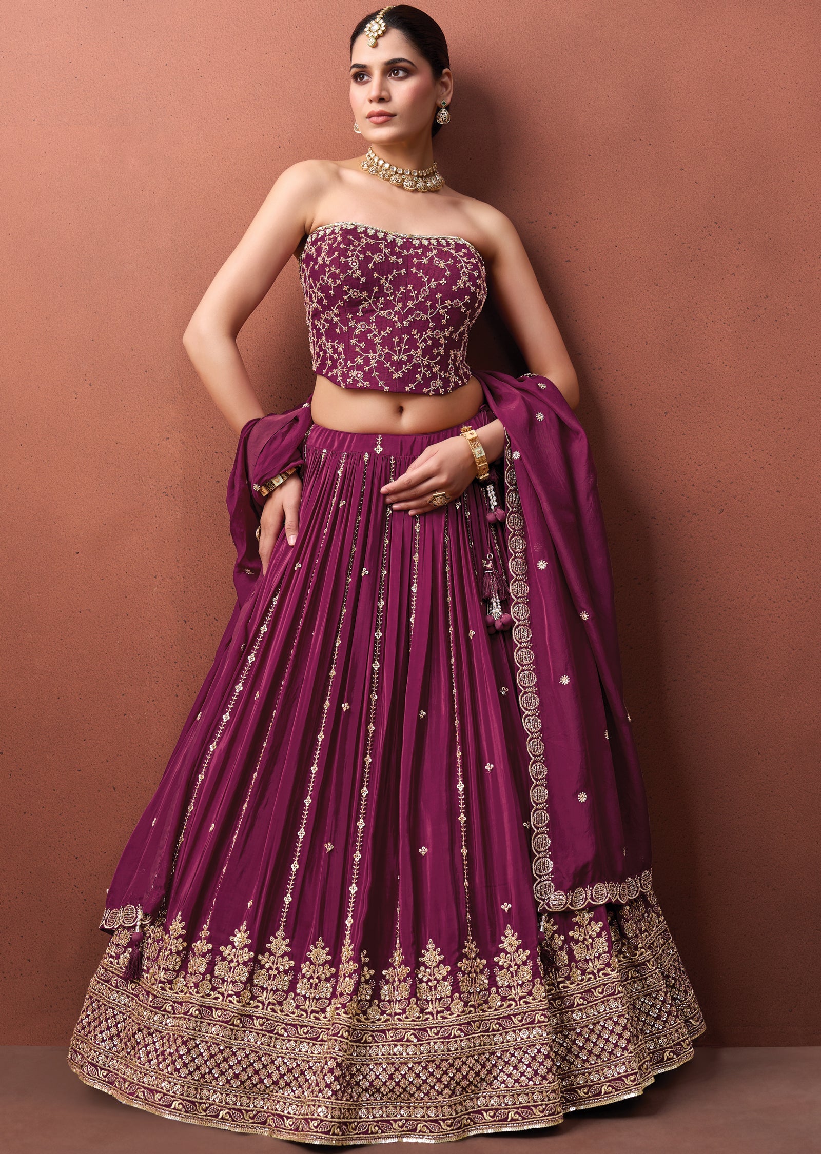 Magenta Silk Corset Lehenga