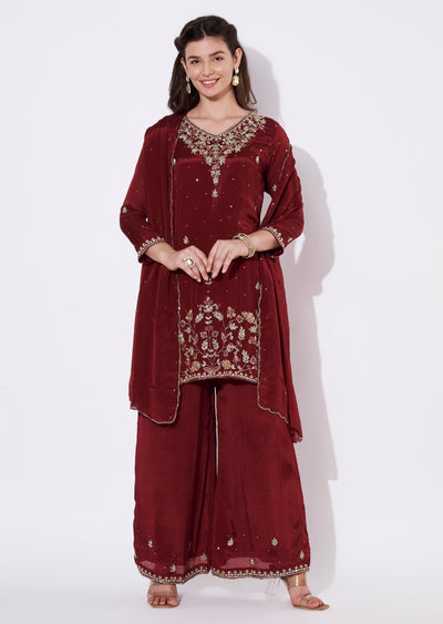 Maroon Chinnon Sharara Set
