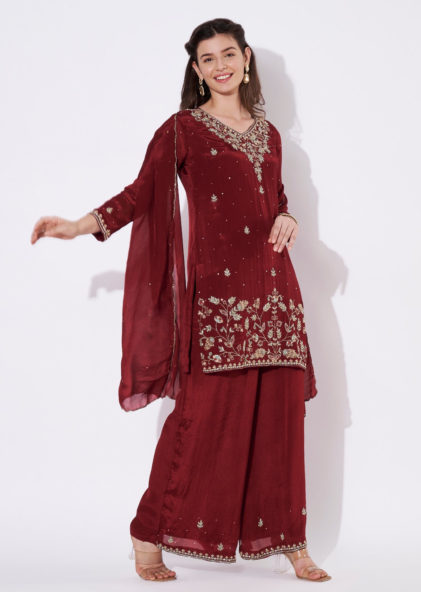 Maroon Chinnon Sharara Set
