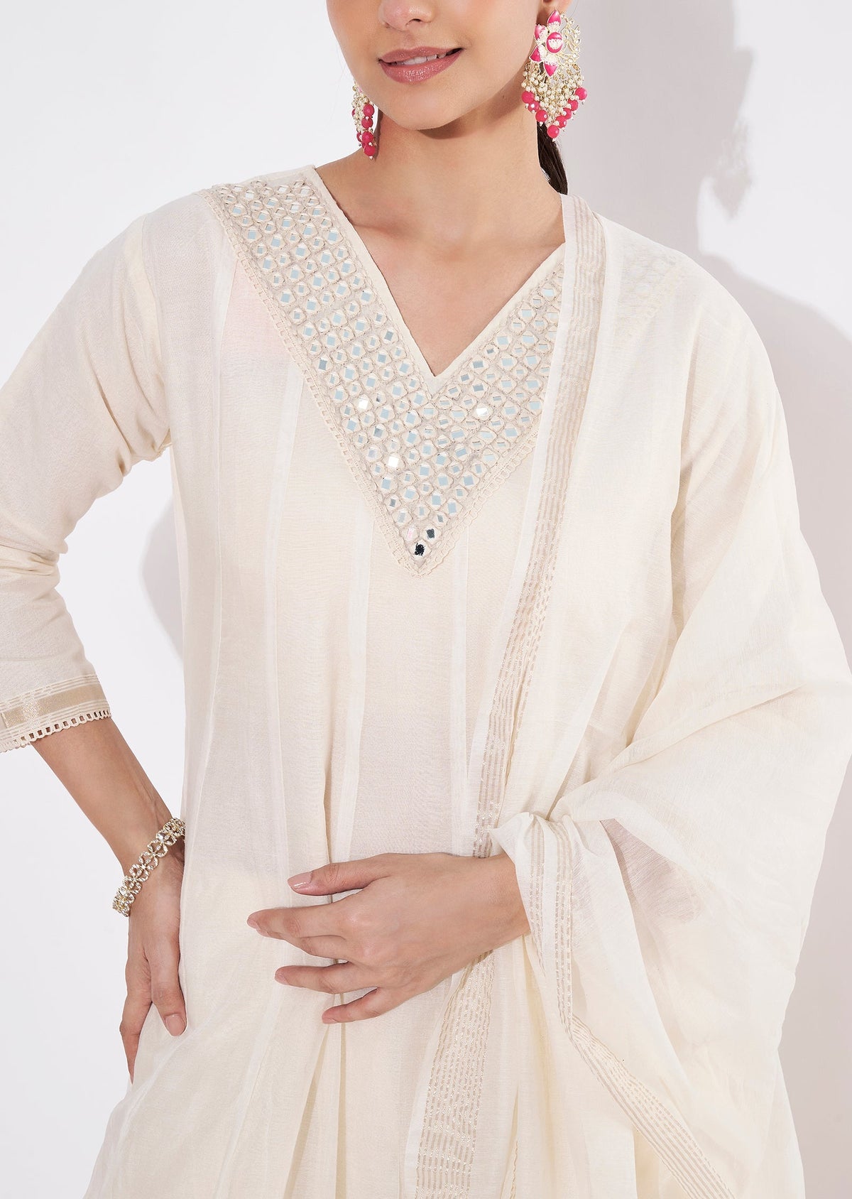 Cream Chanderi Straight cut suit