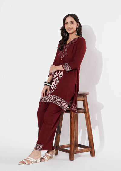 Dark Maroon Reyon Straight cut Kurti set